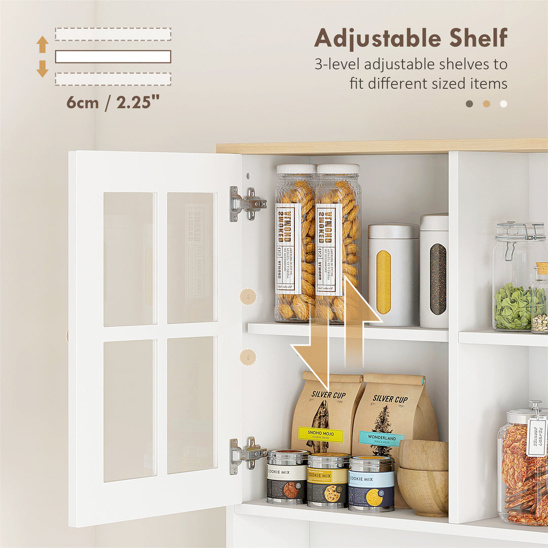 Freestanding Kitchen Cupboard, Storage Cabinet with Doors and Adjustable Shelves, Counter Top, Grid Glass Doors, 80L x 37W x 183H cm - White