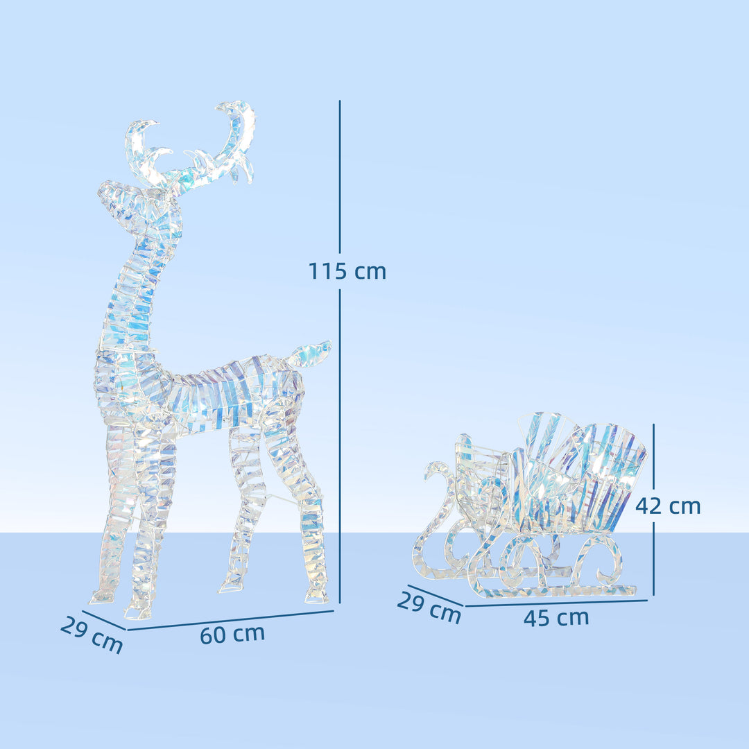 Outsunny Lighted Christmas Reindeer with Sleigh, Outdoor Yard Reindeer with 170 Warm White LED Lights, Holiday Decor with Stakes, Waterproof, Silver