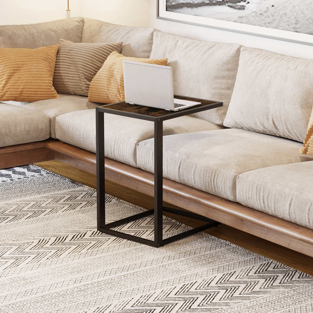 C-Shaped Side Table, Bedside Table with Metal Frame, Accent Sofa Couch Table for Living room, Bedroom, Brown and Black