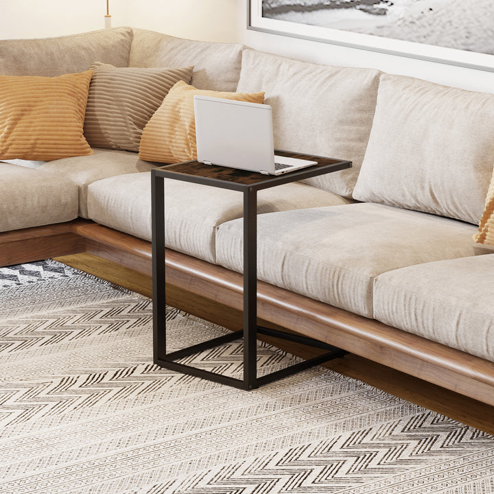 C-Shaped Side Table, Bedside Table with Metal Frame, Accent Sofa Couch Table for Living room, Bedroom, Brown and Black