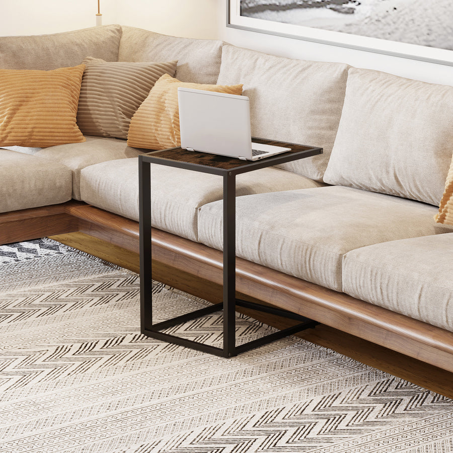 C-Shaped Side Table, Bedside Table with Metal Frame, Accent Sofa Couch Table for Living room, Bedroom, Brown and Black