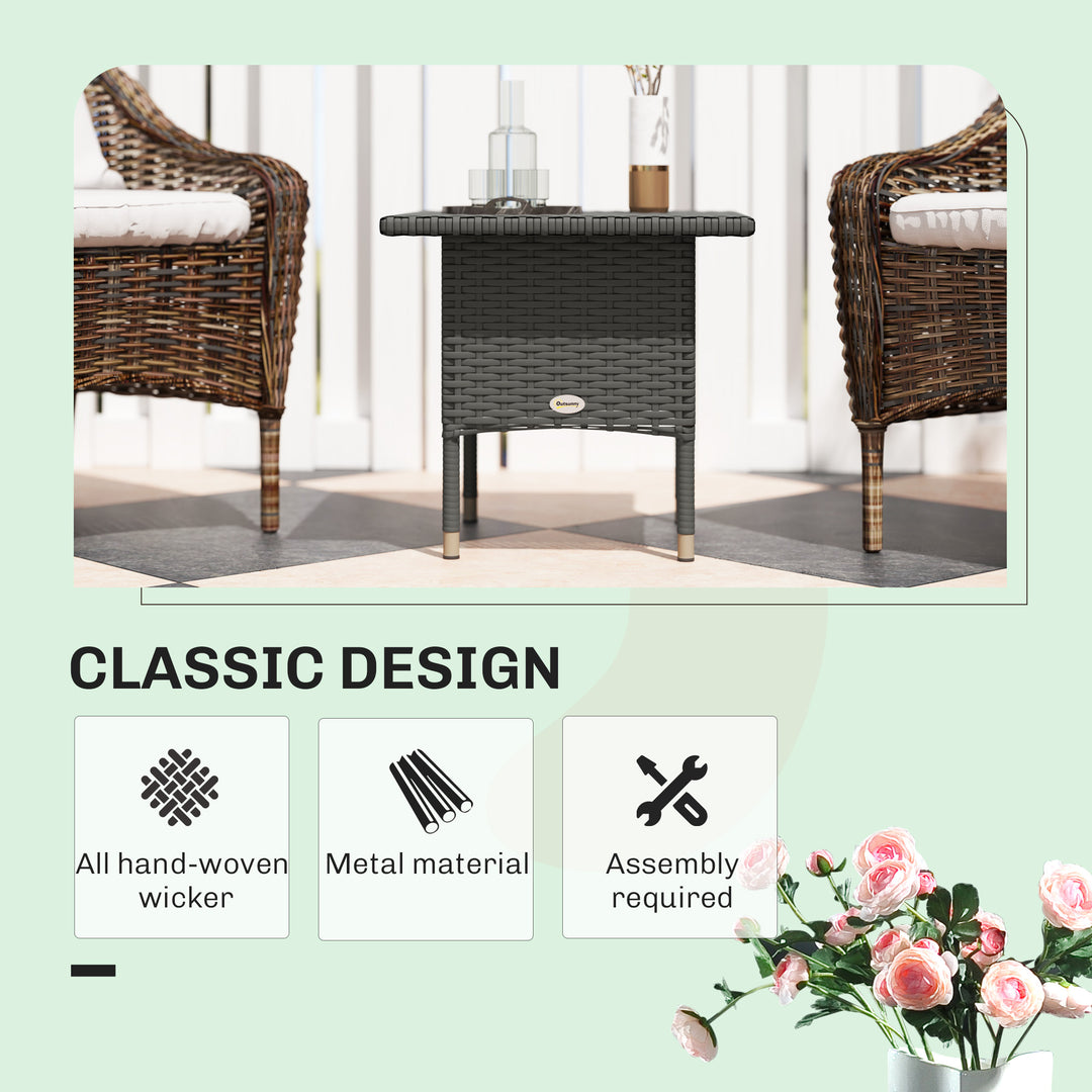 Rattan Side Table, Outdoor Coffee Table with Plastic Board Under the Full Woven Table Top for Patio, Garden, Balcony, Grey
