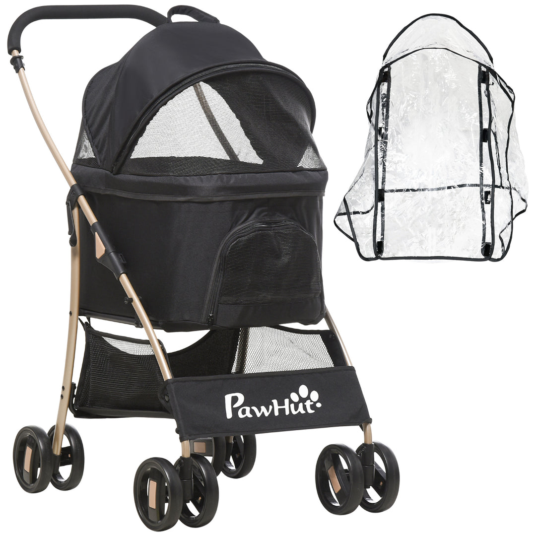 Detachable Pet Stroller with Rain Cover, 3 In 1 Cat Dog Pushchair, Foldable Carrying Bag w/ Universal Wheels, Brake, Canopy, Basket, Storage Bag for Small and Tiny Dogs - Black
