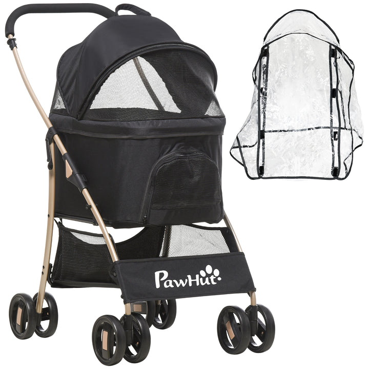 Detachable Pet Stroller with Rain Cover, 3 In 1 Cat Dog Pushchair, Foldable Carrying Bag w/ Universal Wheels, Brake, Canopy, Basket, Storage Bag for Small and Tiny Dogs - Black