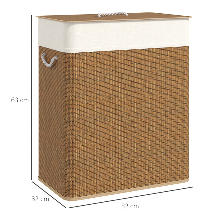 Double Laundry Basket with Lid, 100L Bamboo Laundry Hamper with Rope Handles, Washing Basket with Removable Liner for Bathroom, Bedroom, Brown