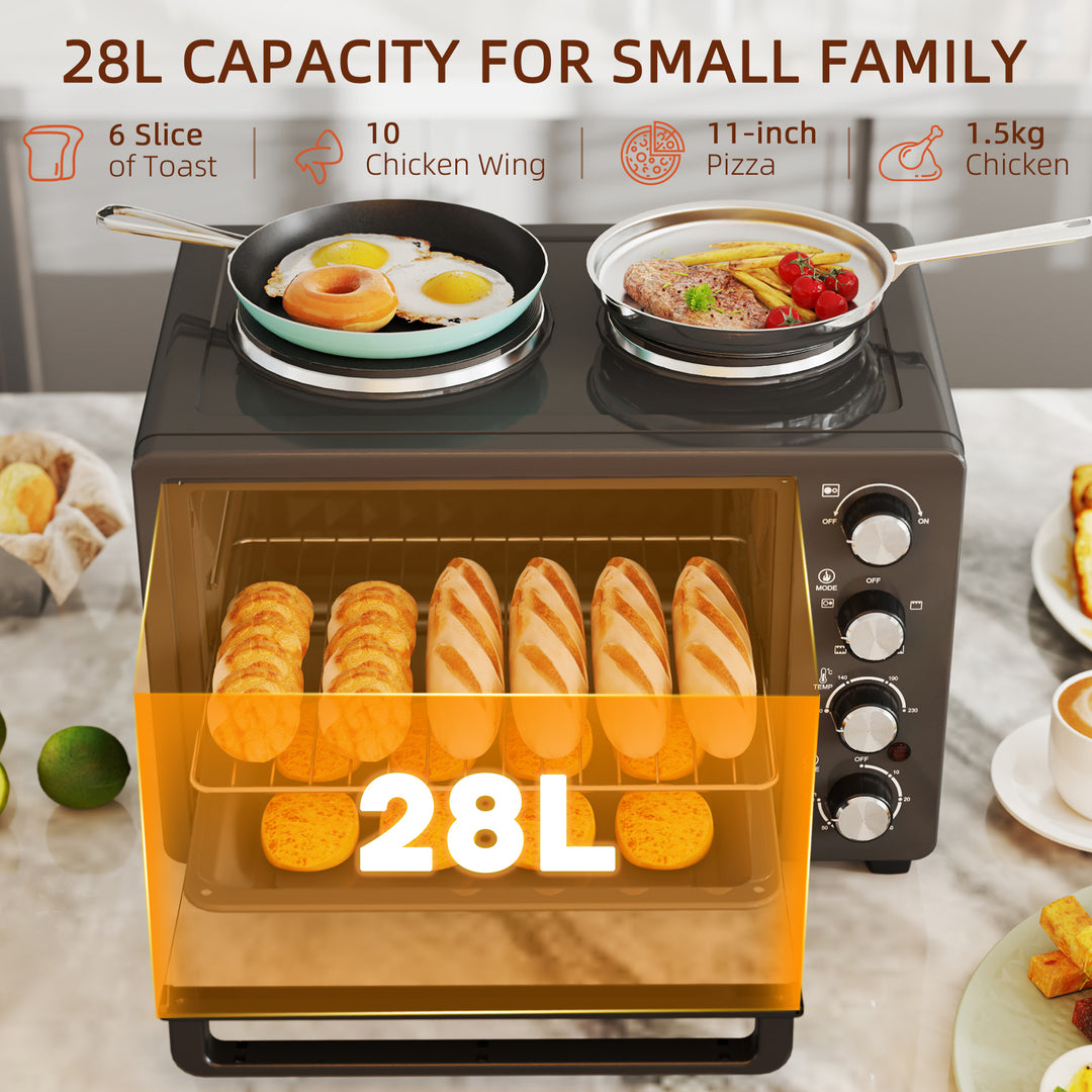 28L Mini Oven with 2 Hot Plates, Countertop Toaster Oven, Grill, Roast, Bake, Boil, with Timer, Adjustable Temperature, Electric Oven with Baking Tray, Grill Rack, Crumb Tray, 2600W, Black