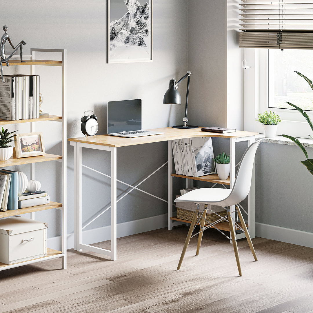 Folding Desk, L Shaped Desk, Corner Computer Desk with 2-Tier Storage Shelf for Home Office, Study Room, Workstation, Easy Assembly, 120 x 72.5 x 76.5cm, Oak Tone