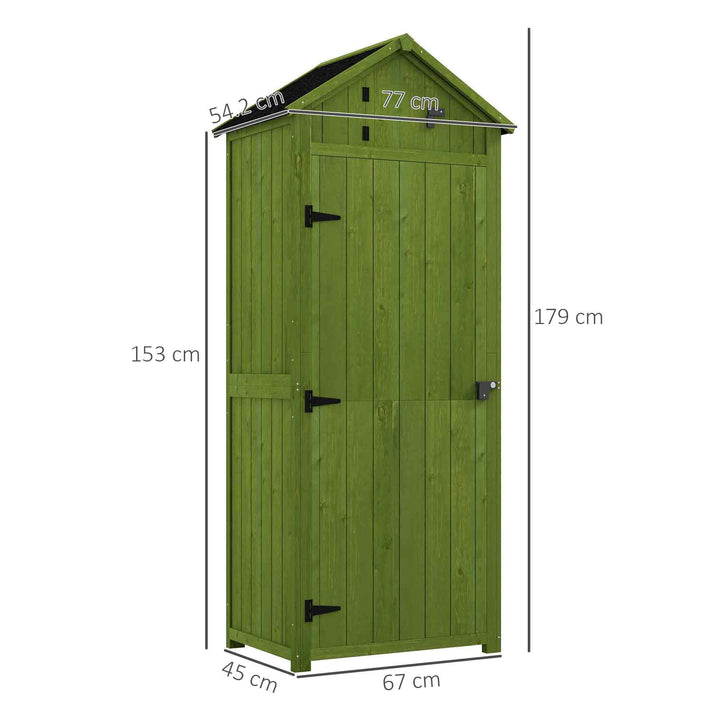 MCL Small Shed, Tall Slim Wooden Garden Shed with 3 Removable Shelves and Roof Hatch, Compact Outdoor Tool Storage Cabinet with Asphalt Roof and Door Latch, 77 x 54.2 x 179 cm, Green