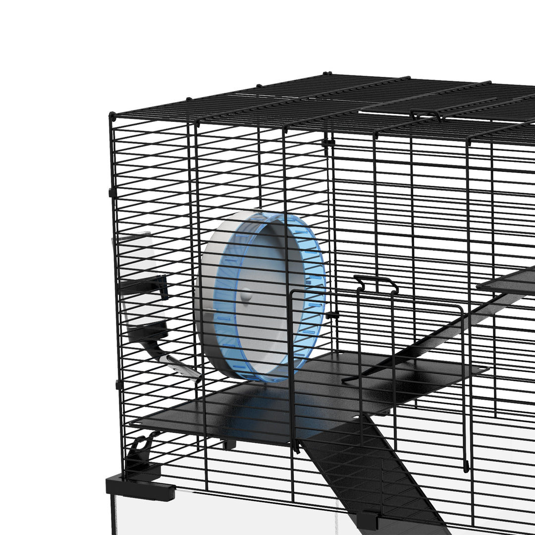 3 Tiers Hamster Cage, Gerbil Cage with Deep Glass Bottom, Non-Slip Ramps, Platforms, Hut, Exercise Wheels, Water Bottle, Dish, for Syrian Hamster, Dwarf Hamster, 60 x 40 x 54.5cm