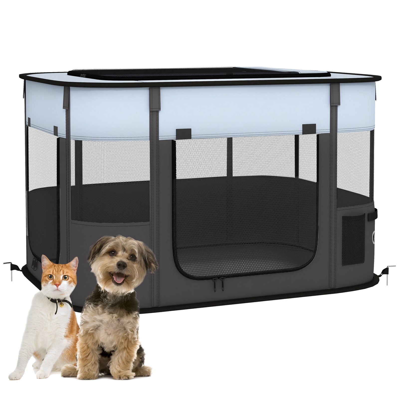 Foldable Dog Pen with Storage Bag for Indoor/Outdoor Use, Portable Pet playpen, with Ground Stakes - Grey