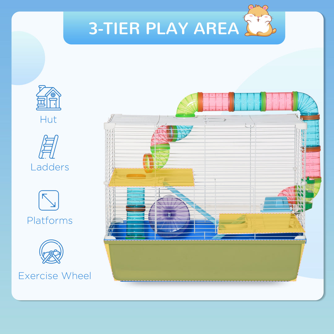 Hamster Cage, Gerbil Cage 3 Tier for Dwarf Hamster with Tube, Exercise Wheel, Water Bottle, Food Dish 59 x 36 x 47 cm- Blue