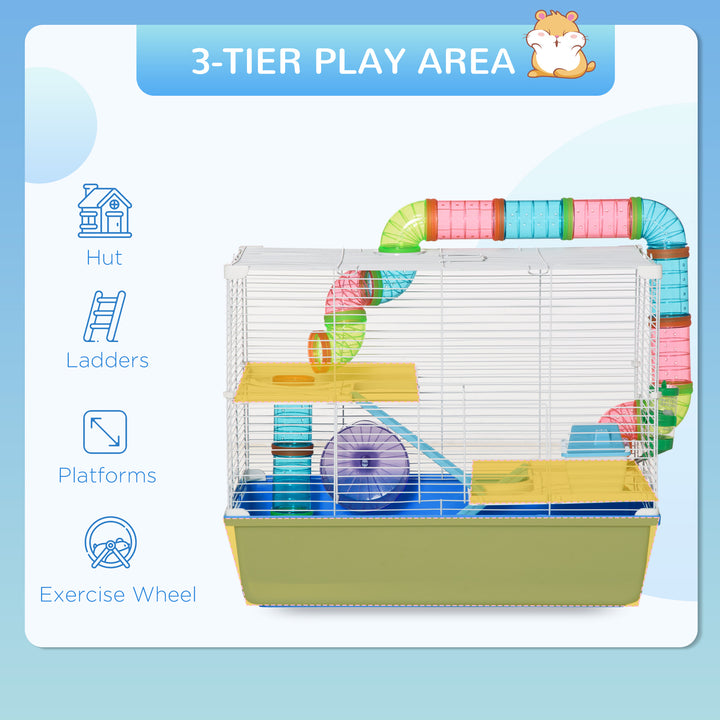 Hamster Cage, Gerbil Cage 3 Tier for Dwarf Hamster with Tube, Exercise Wheel, Water Bottle, Food Dish 59 x 36 x 47 cm- Blue