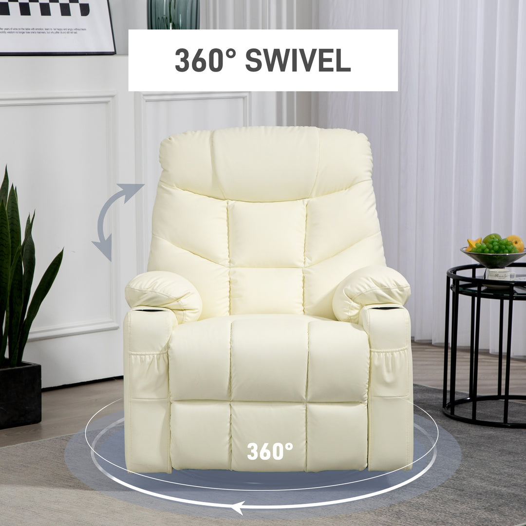 Manual Reclining Chair, Recliner Armchair with Swivel, Faux Leather, Footrest, Cup Holders, 86x93x102cm, Cream