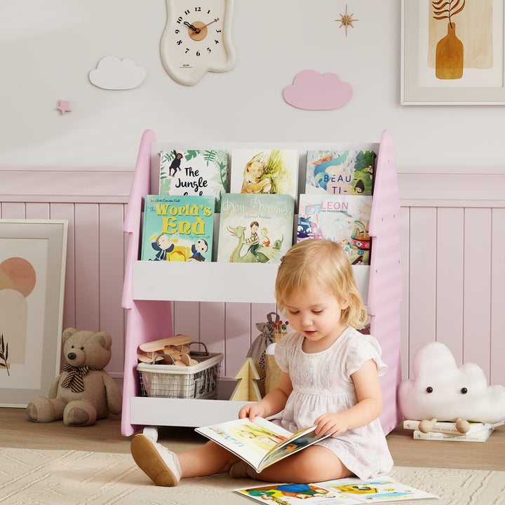 Kids Bookshelf with Toy Storage, Double-Sided Bookcase with Wheels, 3 Tier Kids Book Rack for Bedroom