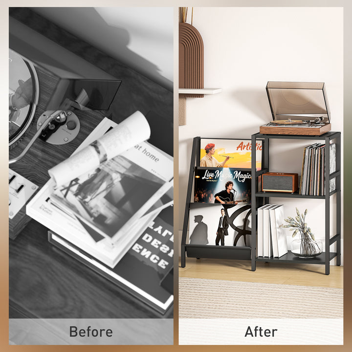 3-Tier Record Player Stand, End Table for Living Room, Bedroom - Black Wood Effect