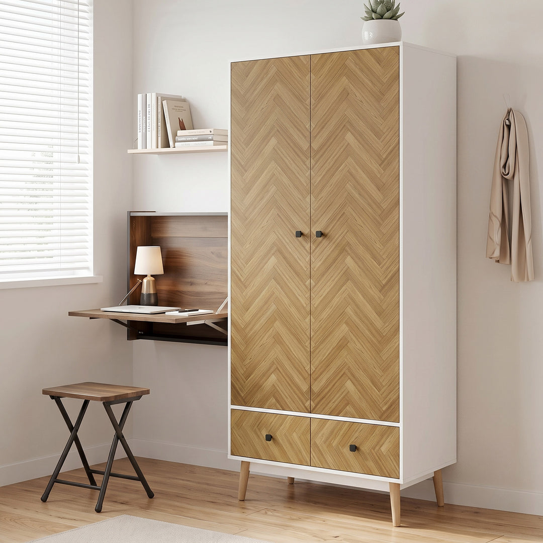 Cabinet Wood-Effect Sticker Surface, Modern Wardrobe with 2 Hanging Ro