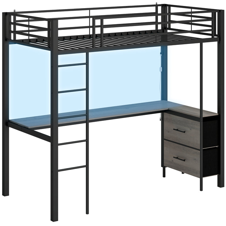Metal Bunk Bed with Desk, High Sleeper Bed with LED Light and Safety G