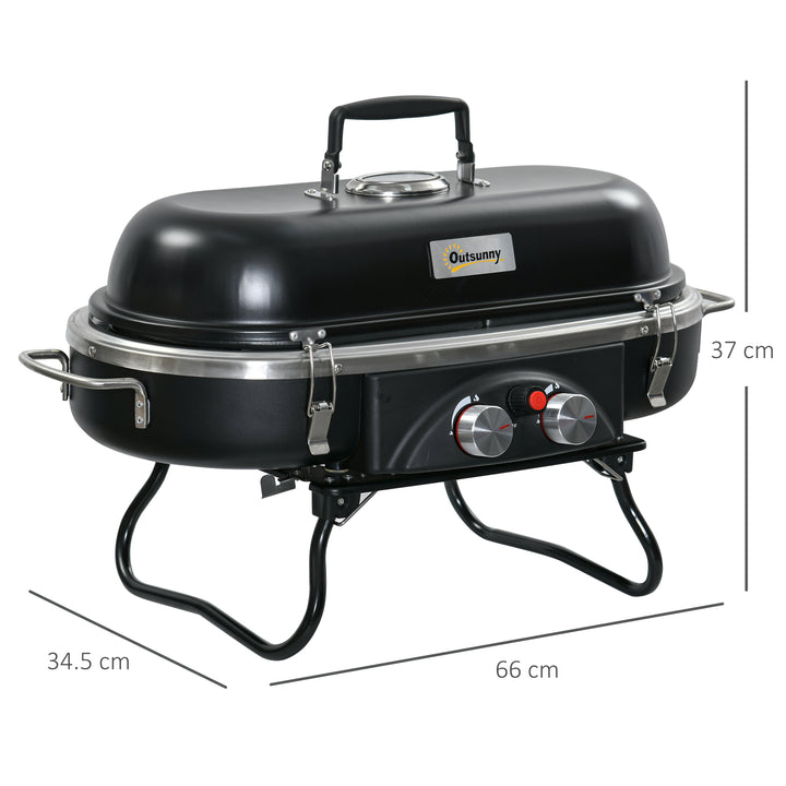 Foldable Gas BBQ Grill 2 Burner Table Top Barbecue with Lid Piezo Ignition Thermometer for Camping Picnic Cooking, Aluminium Alloy