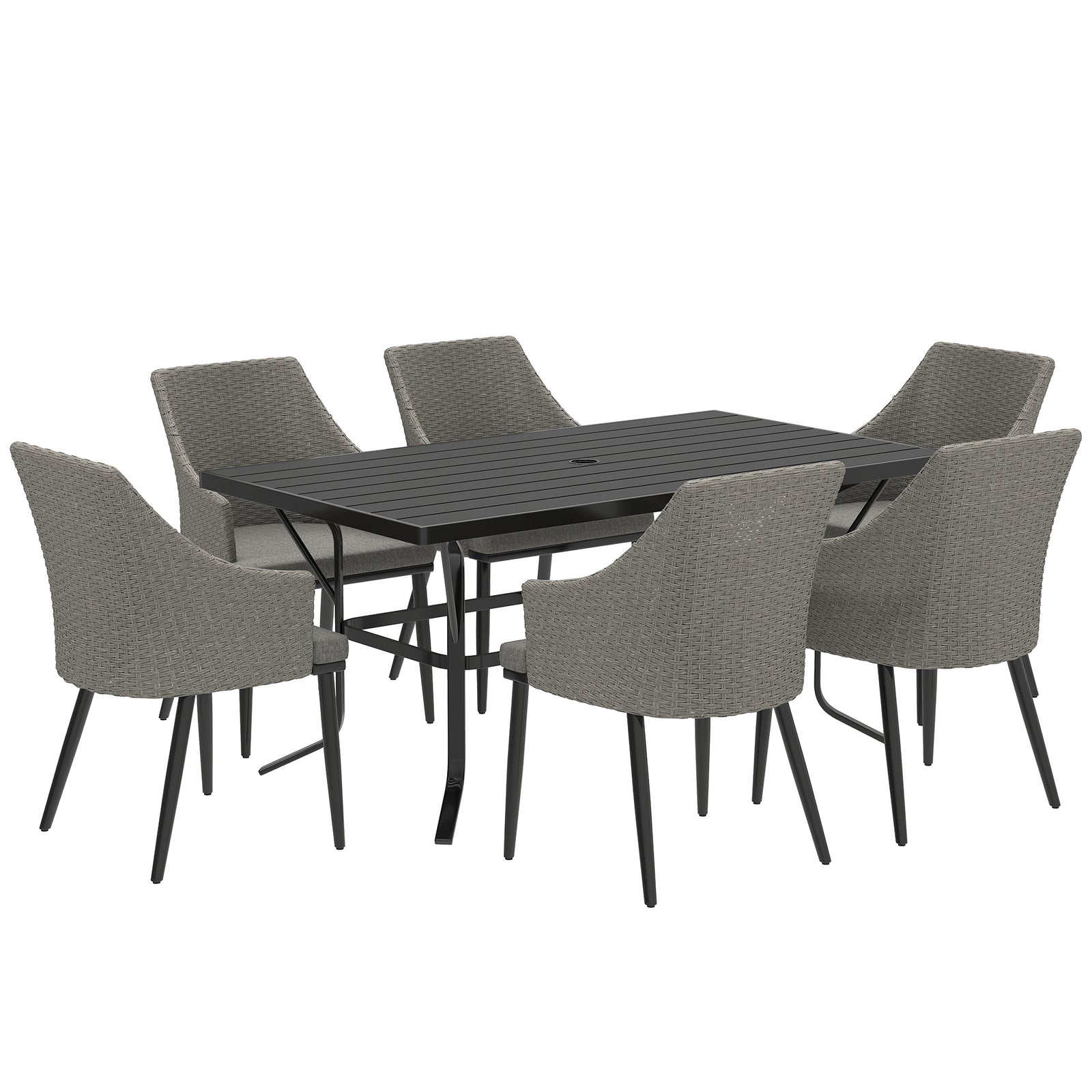 6 Seater Rattan Dining Set with Cushions, Garden Furniture Set with Armchairs, Rectangle Slatted Table Top, Steel Frame, Parasol Hole, Wicker Outdoor Furniture for Patio, Balcony, Grey