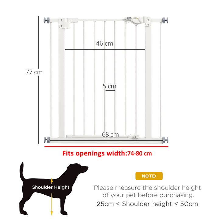 PawHut Adjustable Pet Gate: Metal Safety Barrier for Dogs, 74-80cm Width, Easy Installation, White | Aosom UK