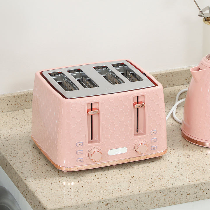 Kettle and Toaster Set, 1.7L 3000W Fast Boil Jug Kettle, 4 Slice Toaster with 7 Level Browning Controls, Light Pink