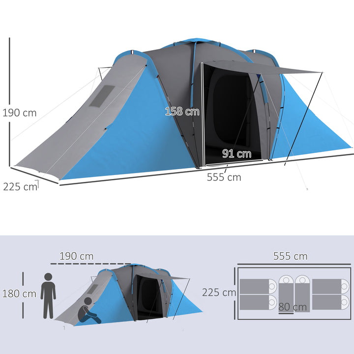 Outsunny 6 Man Tent, Camping Tent with 2 Bedroom and Living Area, 2000mm Waterproof Family Tent with Latern Hook, Blue | Aosom UK