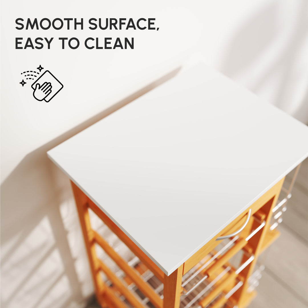 MCL Rolling Kitchen Cart, Utility Storage Cart with 4 Basket Drawers & Side Racks, Wheels for Dining Room, Brown