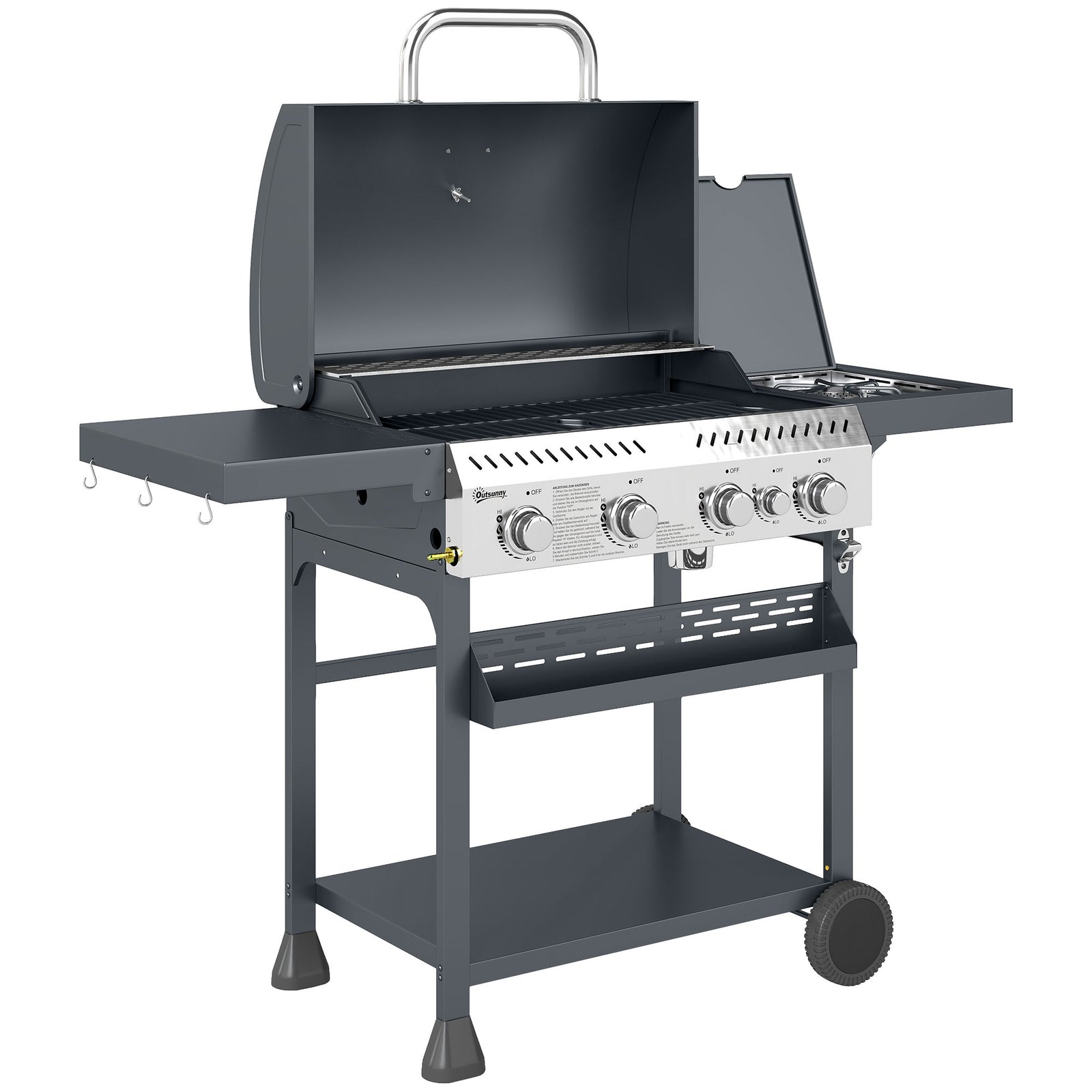 Five-Burner Steel Gas Grill, with Thermometer - Black
