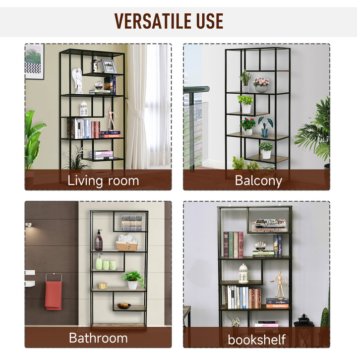 6 Tier Bookcase, Industrial Tall Shelf Unit with Steel Frame for Home Office, Study, Living Room, Hallway, 82 x 33.5 x 175 cm, Rustic Brown and Black