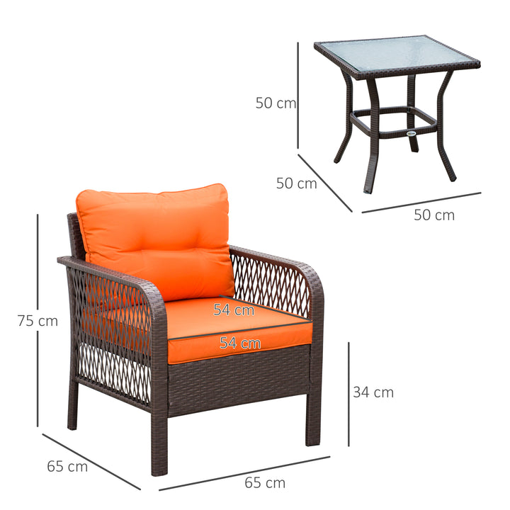 3 Pieces Rattan Bistro Set with Glass Top Coffee Table, Chairs and Cus
