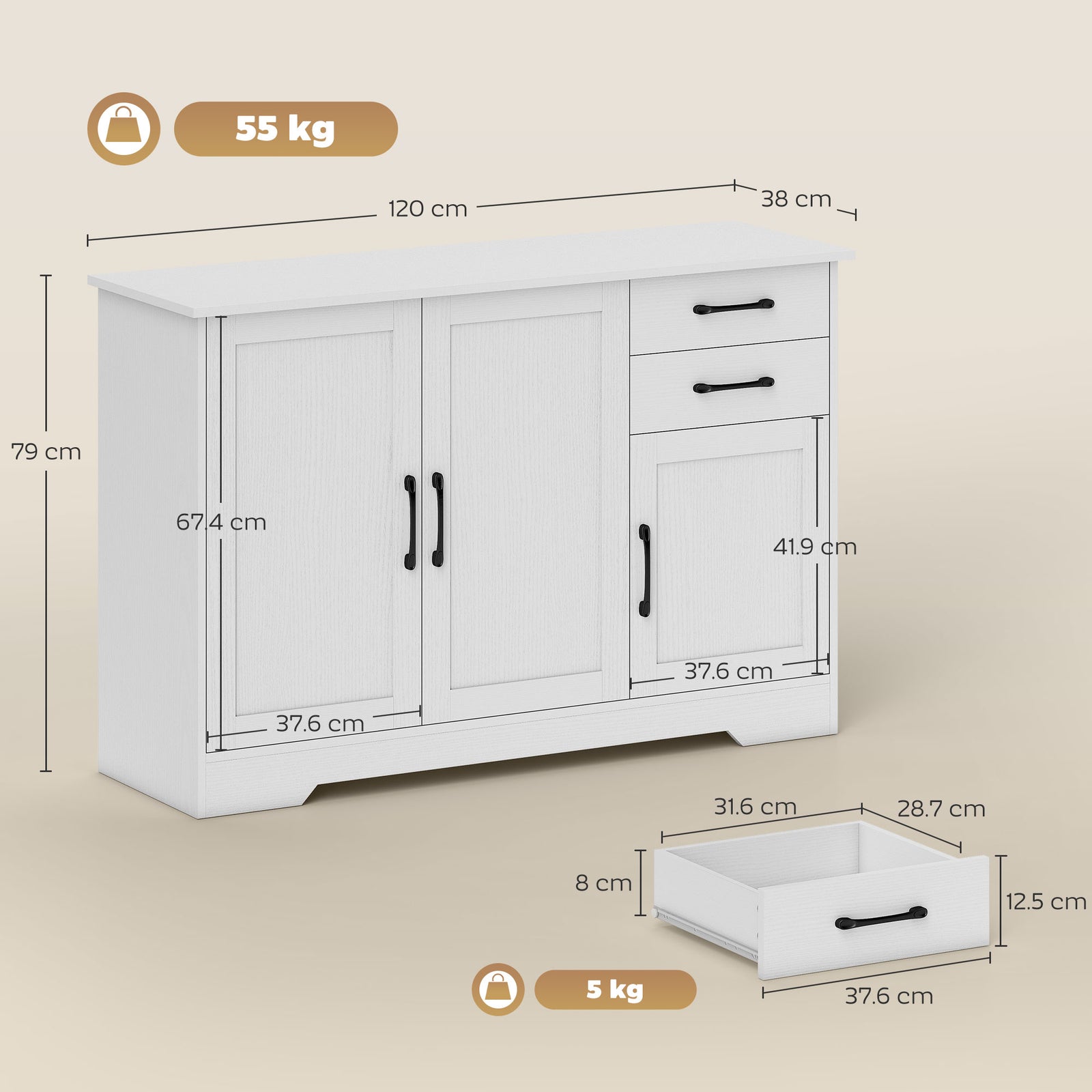 Sideboard with 2 Drawers Modern Storage Cabinet, Kitchen Cupboard with