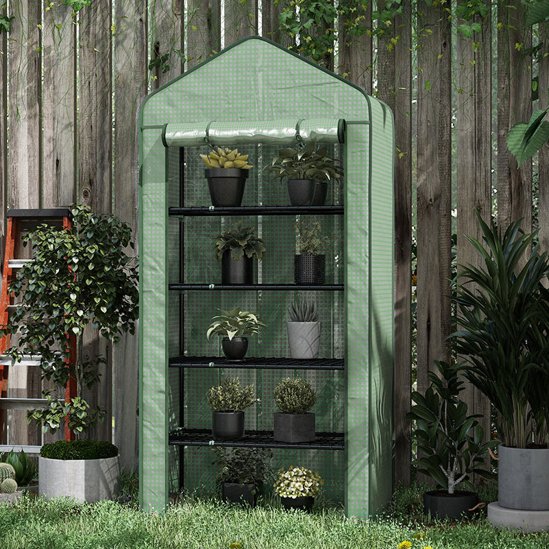5 Tier Widened Mini Greenhouse with Reinforced PE Cover, Portable Indoor Outdoor Green House with Roll-up Door and Wire Shelves, 193H x 90W x 49Dcm, Green