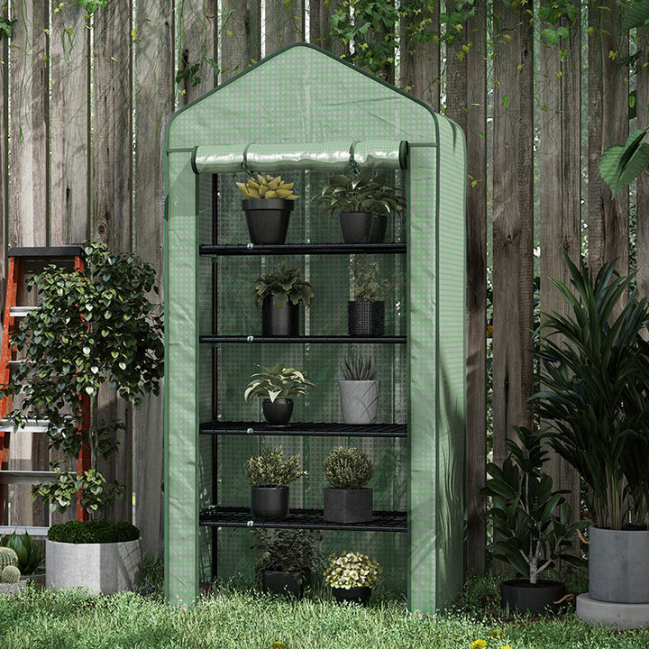5 Tier Widened Mini Greenhouse with Reinforced PE Cover, Portable Indoor Outdoor Green House with Roll-up Door and Wire Shelves, 193H x 90W x 49Dcm, Green