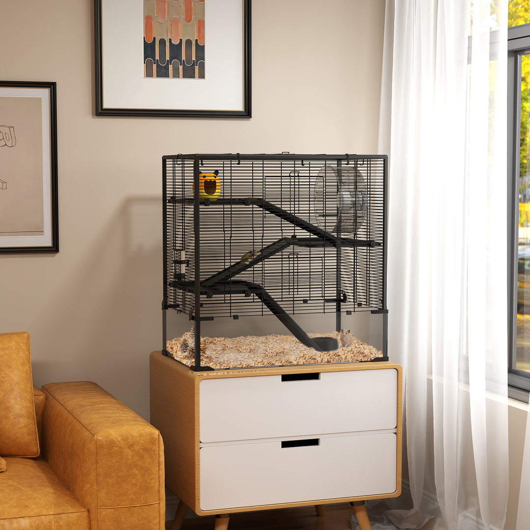 4 Tiers Hamster Cage with Deep Tempered Glass Bottom, Hut, Running Wheel, Food Dish, Water Bottle, 78.5 x 48.5 x 80cm