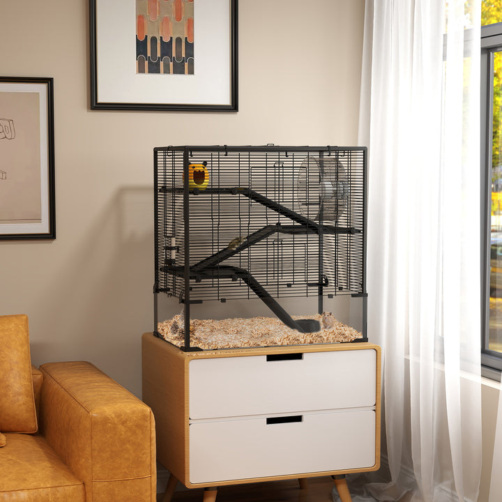 Four-Tier Hamster Cage with Deep Tempered Glass Bottom, Hut, Running Wheel, Food Dish, Water Bottle, 78.5 x 48.5 x 80cm