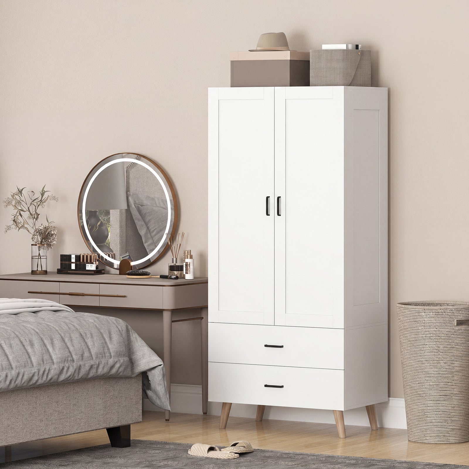 2-Door Wardrobe, Modern Wardrobe with 2 Drawers and Hanging Rail for B