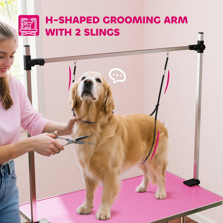42" Dog Grooming Table, Adjustable Pet Cat Drying Beauty Table with 2 Loops Storage Basket, Rubber Top, Pink