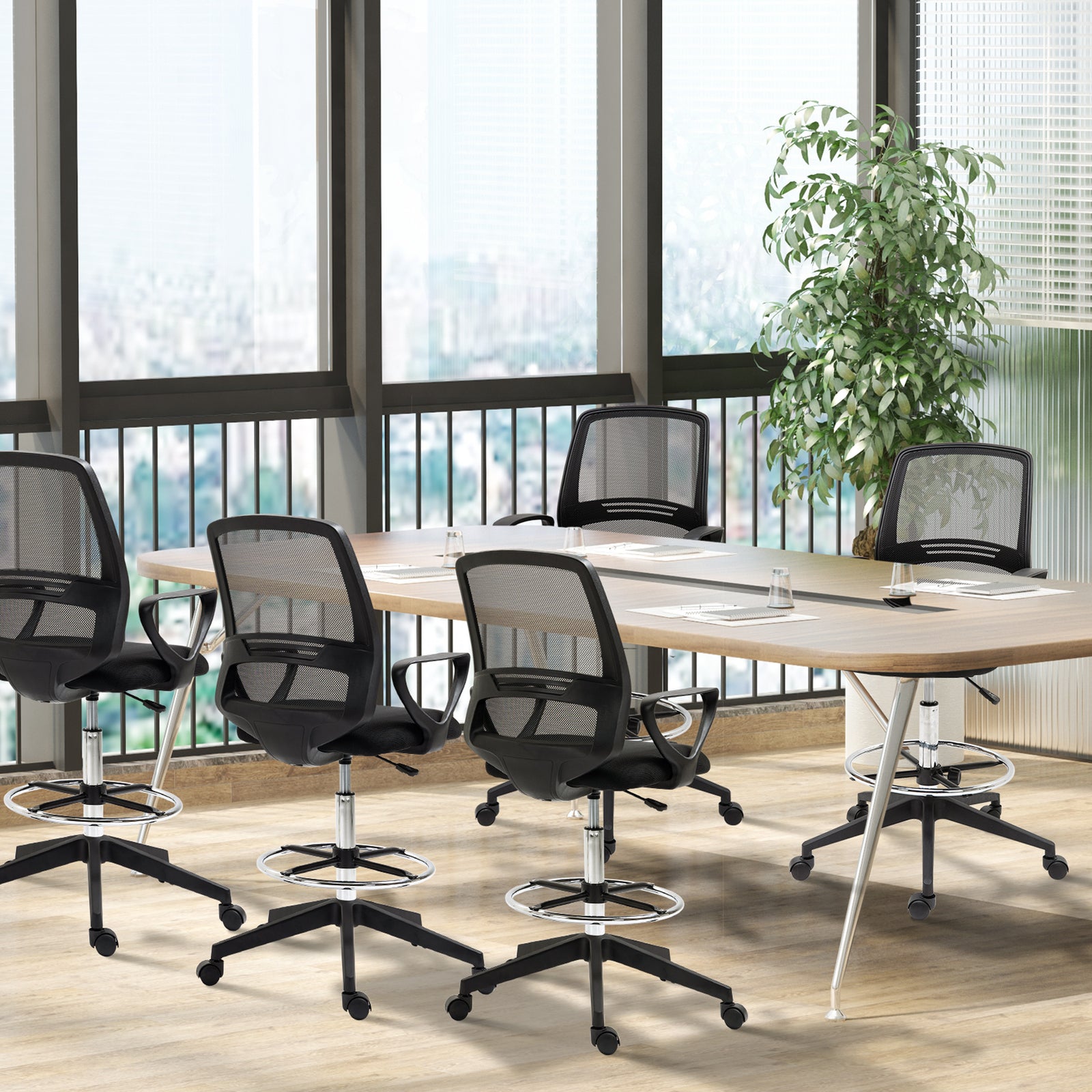 Ergonomic Mesh Back Drafting Chair, Tall Office Chair, Draughtsman Chair with Adjustable Height and Footrest 360° Swivel, Set of 5