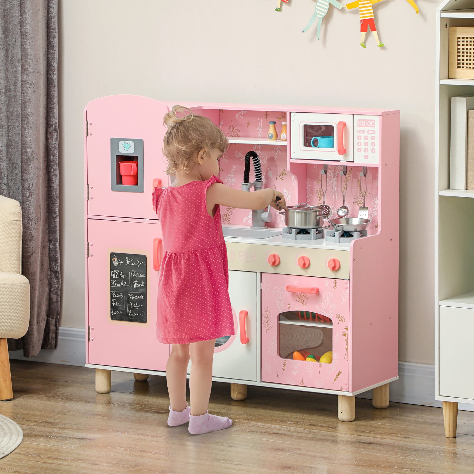 AIYAPLAY Play Kitchen, Kids Kitchen Set with Lights and Sounds, Double Stoves, Ice Maker, Chalkboard for 3+ Years, Pink