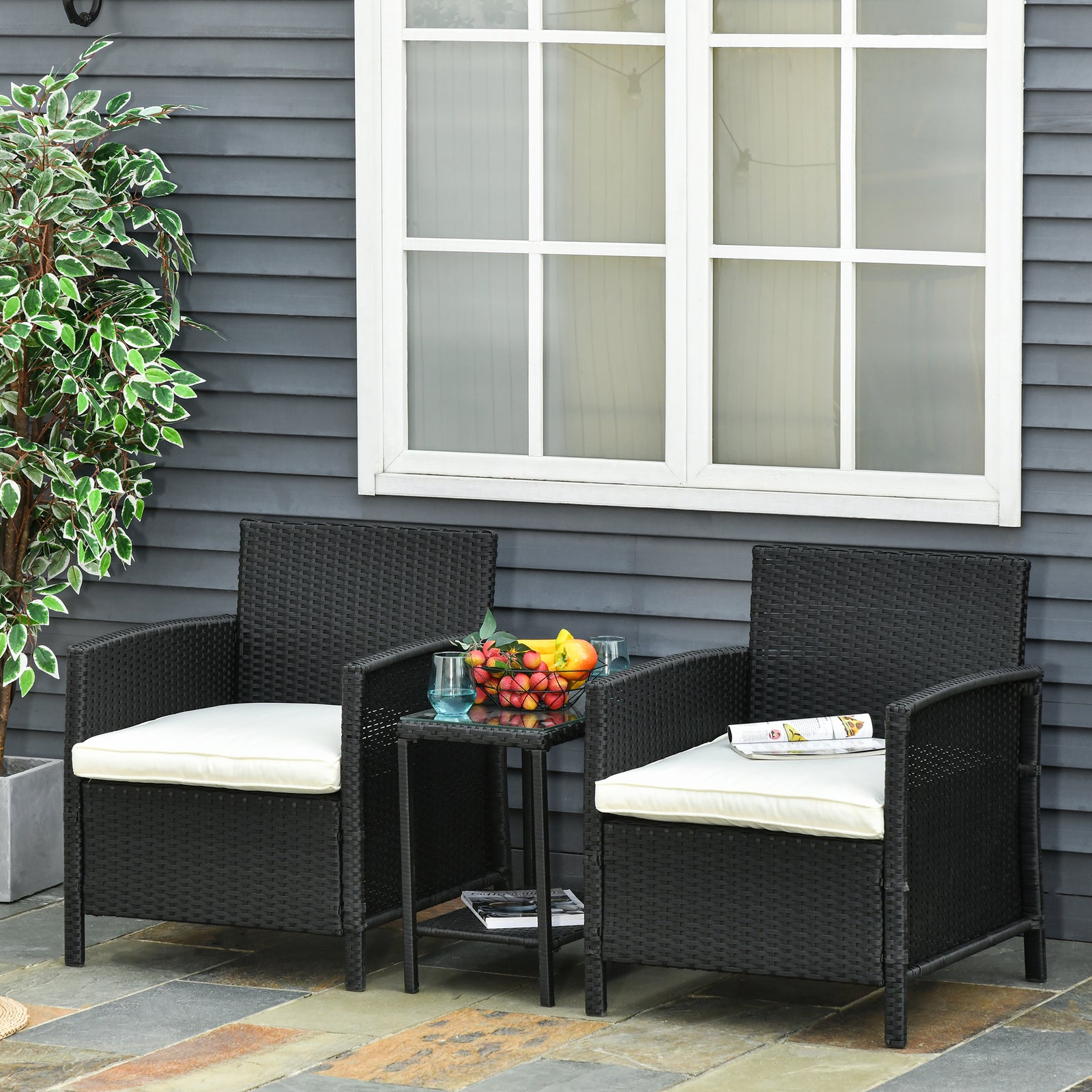 2-Seater PE Rattan Side Table & Armchair Bistro Set Jack and Jill Seat w/ Pillows Black