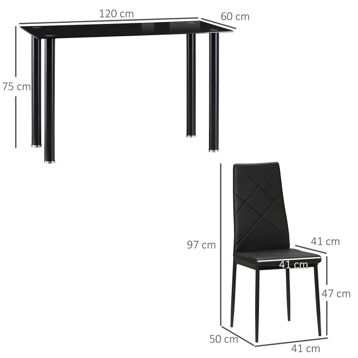 HOMCOM Dining Table and Chairs Set, 4 Seater Modern Dining Set with Glass Tabletop Foam Pads, and Steel Frame, Black | Aosom UK