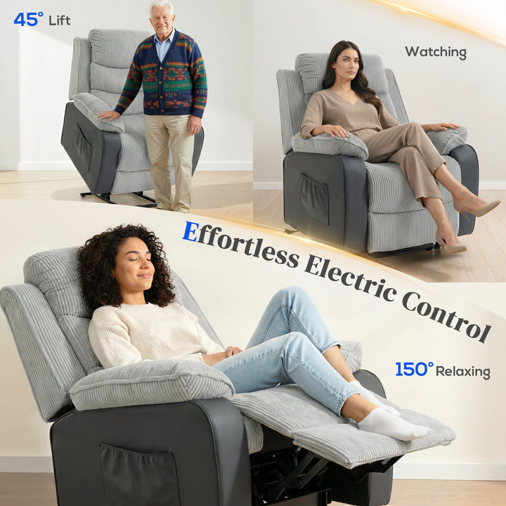 Overstuffed Corduroy Electric Lift Recliner Chair - Light Grey