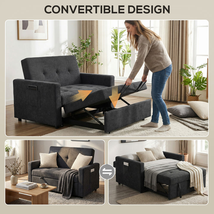 Loveseat Sofa Bed, Convertible Bed Settee with 2 Pillows, Side Pockets