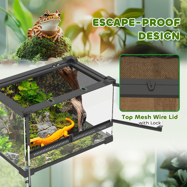 Reptile Glass Terrarium with Stone Background, Front Ventilation, Escape-Proof Knob Lock, 30 x 20 x 20 cm, Black