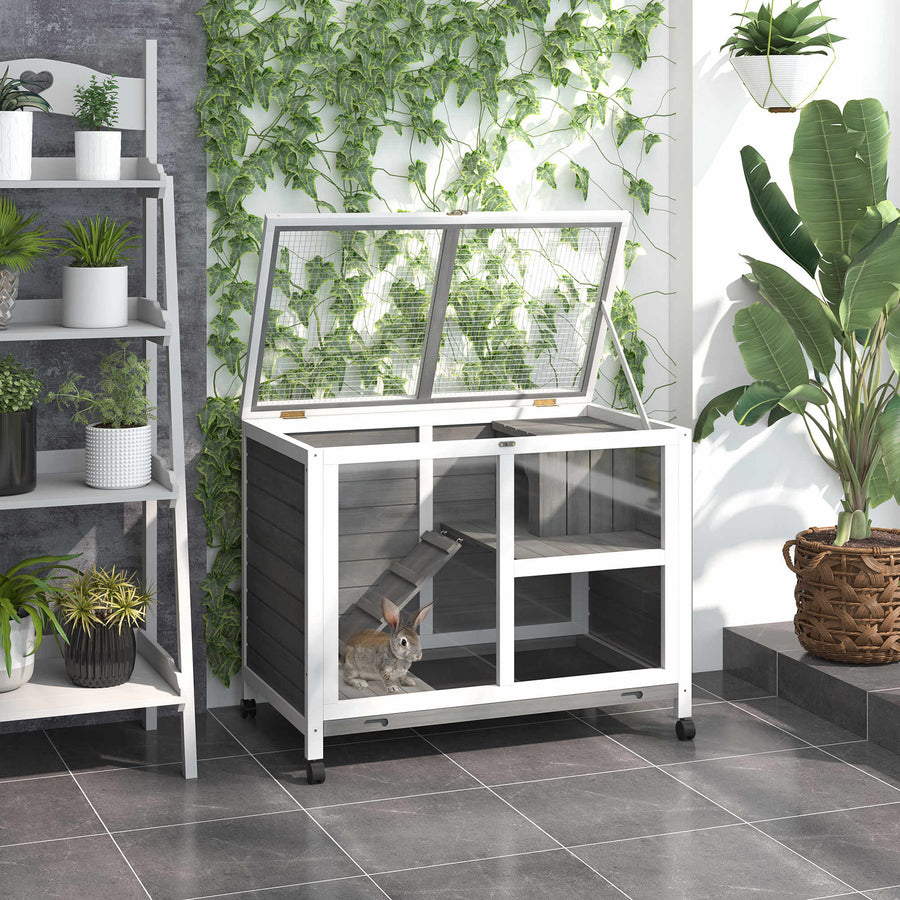 Wooden Rabbit Hutch Indoor with Wheels, Openable Roof, 91.5 x 53.3 x 73 cm, Grey