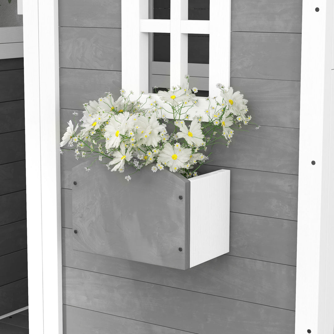Wooden Playhouse for Kids with Doors, Windows, Plant Box, Floors, for Ages 3-8 Years, for Gardens, Lawns, Patios - Grey