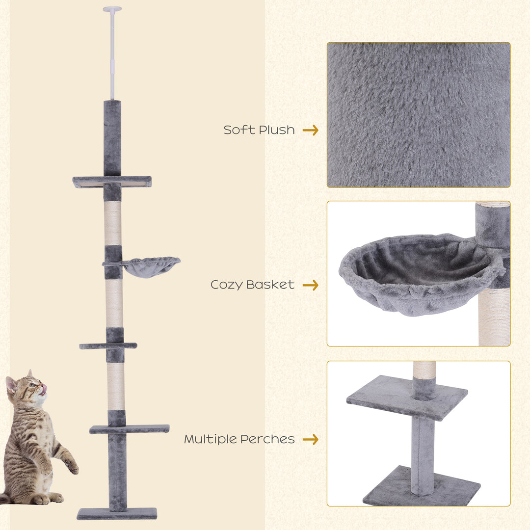 Floor to Ceiling Cat Tree for Indoor Cats 5-Tier Kitty Tower Climbing Activity Center Scratching Post Adjustable Height 230-260 cm Grey