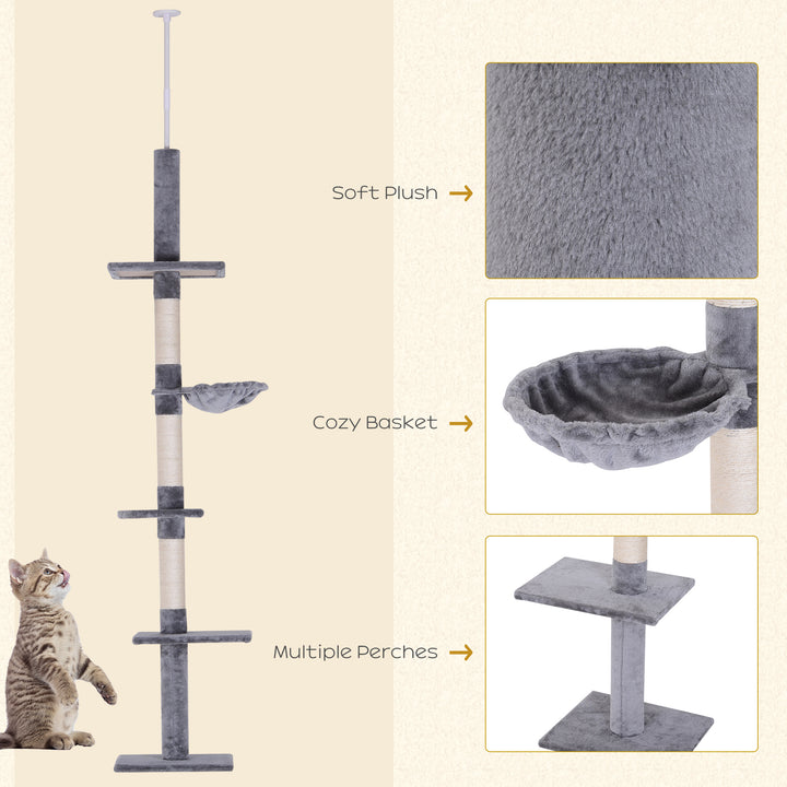 Floor to Ceiling Cat Tree for Indoor Cats 5-Tier Kitty Tower Climbing Activity Center Scratching Post Adjustable Height 230-260 cm Grey