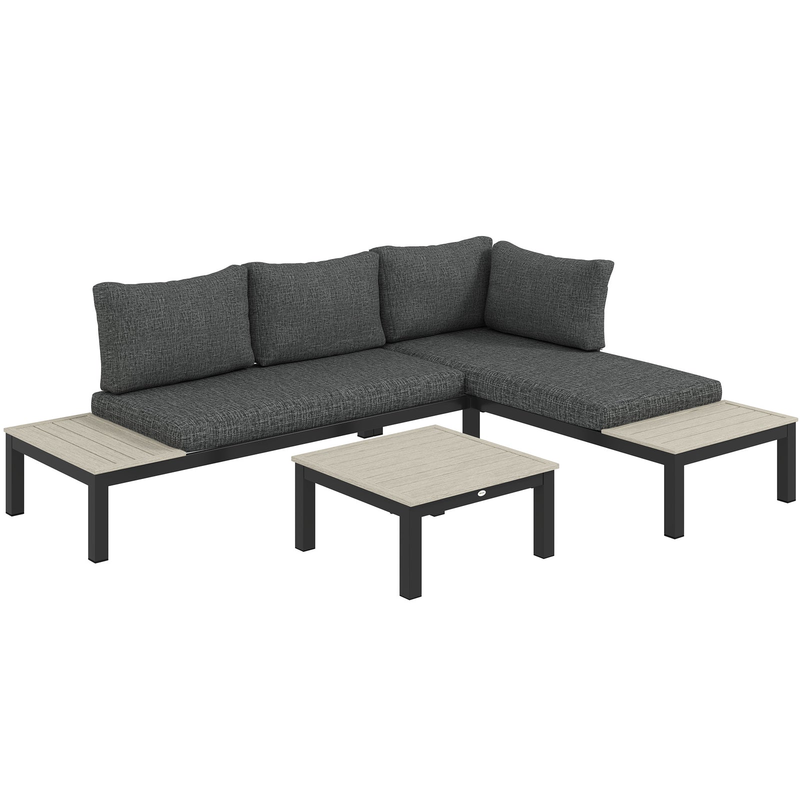 3 Pieces Garden Furniture Set, Aluminium 4 Seater Corner Sofa Set with 2 Loveseats, Coffee Table and Side Trays, Outdoor Conversation Furniture with Cushions for Garden, Dark Grey