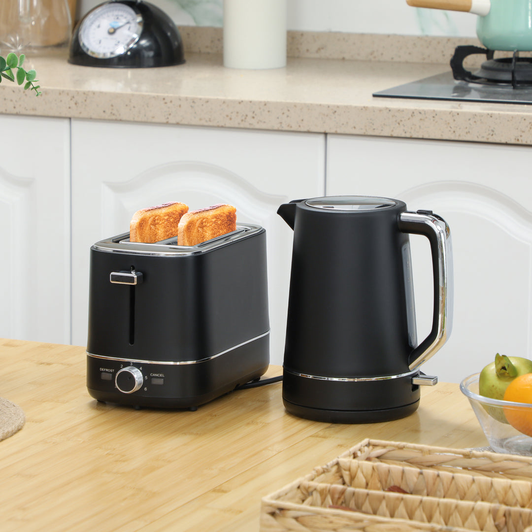Kettle and Toaster Set, 1.7L 3000W Fast Boil Kettle & 2 Slice Toaster Kitchen Set with 6 Level Browning Controls, Defrost, Reheat, Black